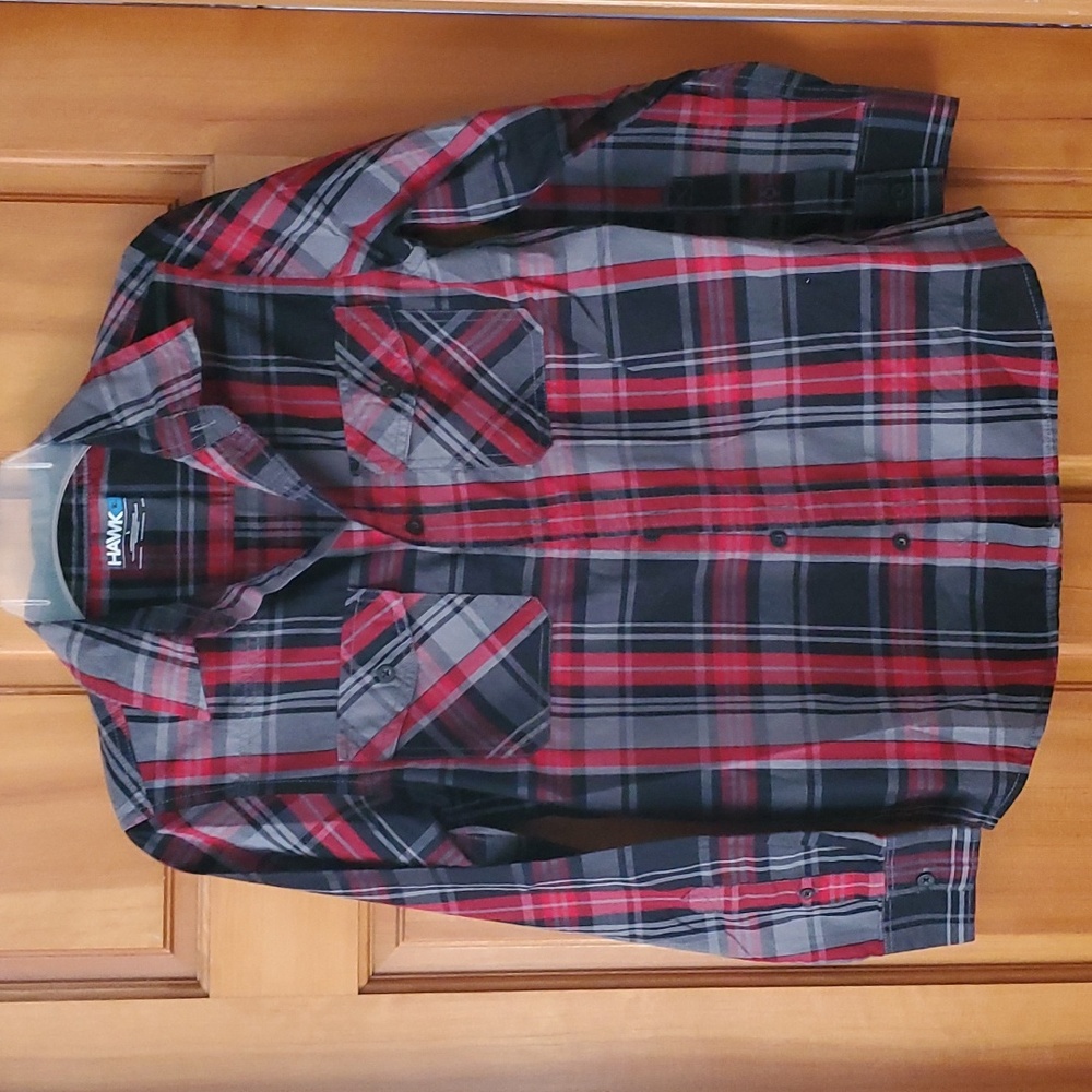 Tony Hawk Boys Plaid Buttondown Shirt in Chili Pepper Red and Gray Size Large